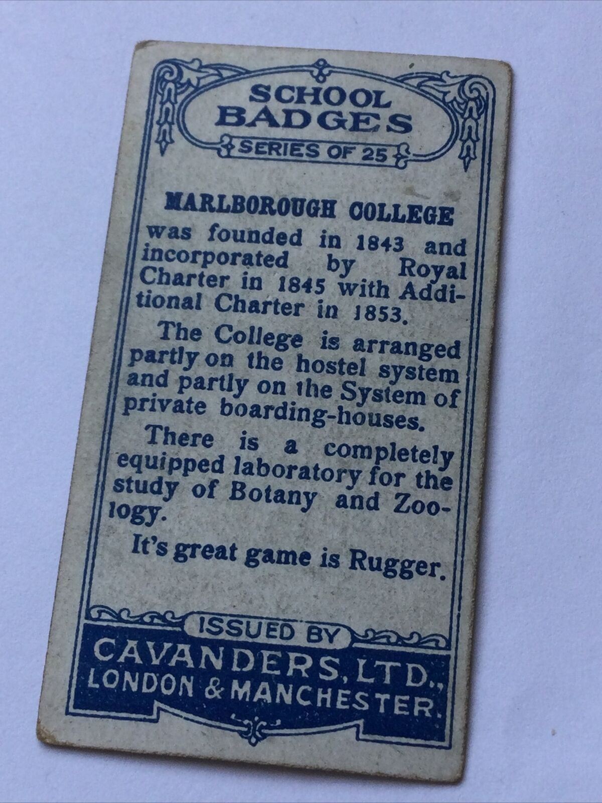 School Badges - MARLBOROUGH COLLEGE - Cavanders Cigarette Card - Botany Zoology