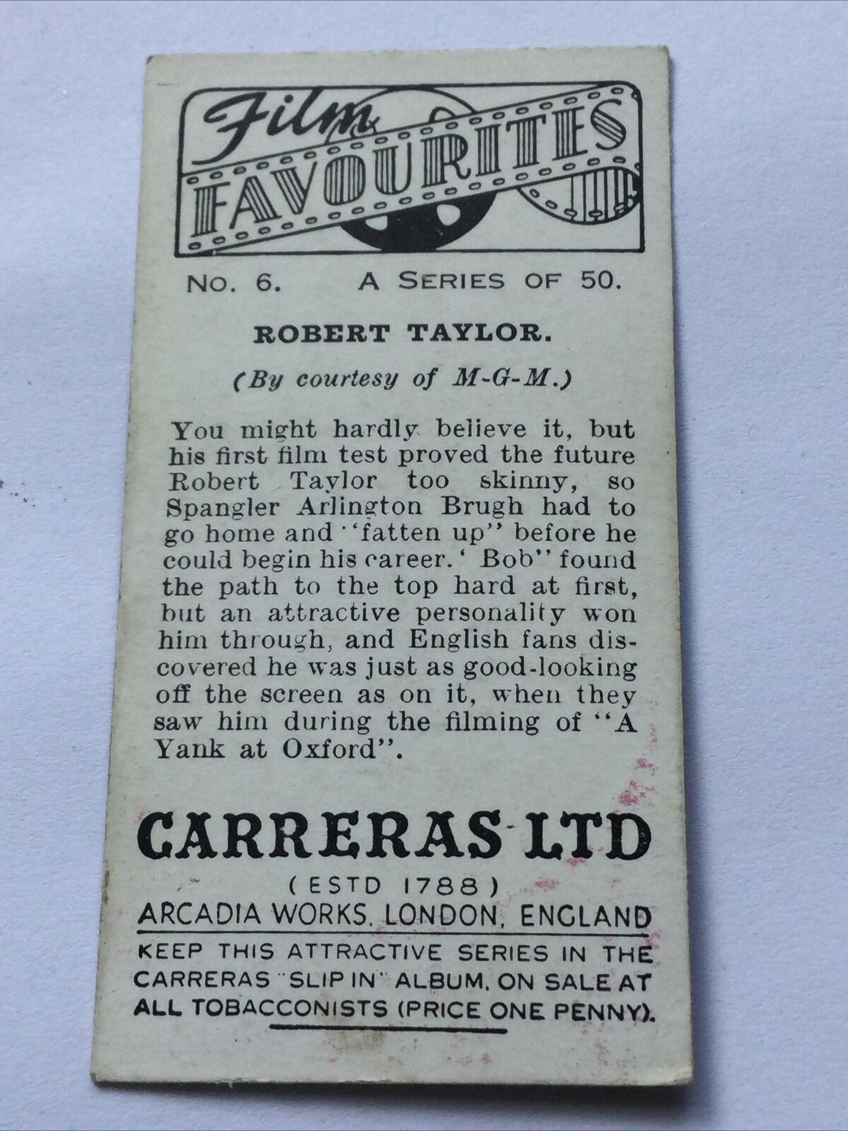 ROBERT TAYLOR Film Favourites Carreras Cigarette Card #6 Great Picture