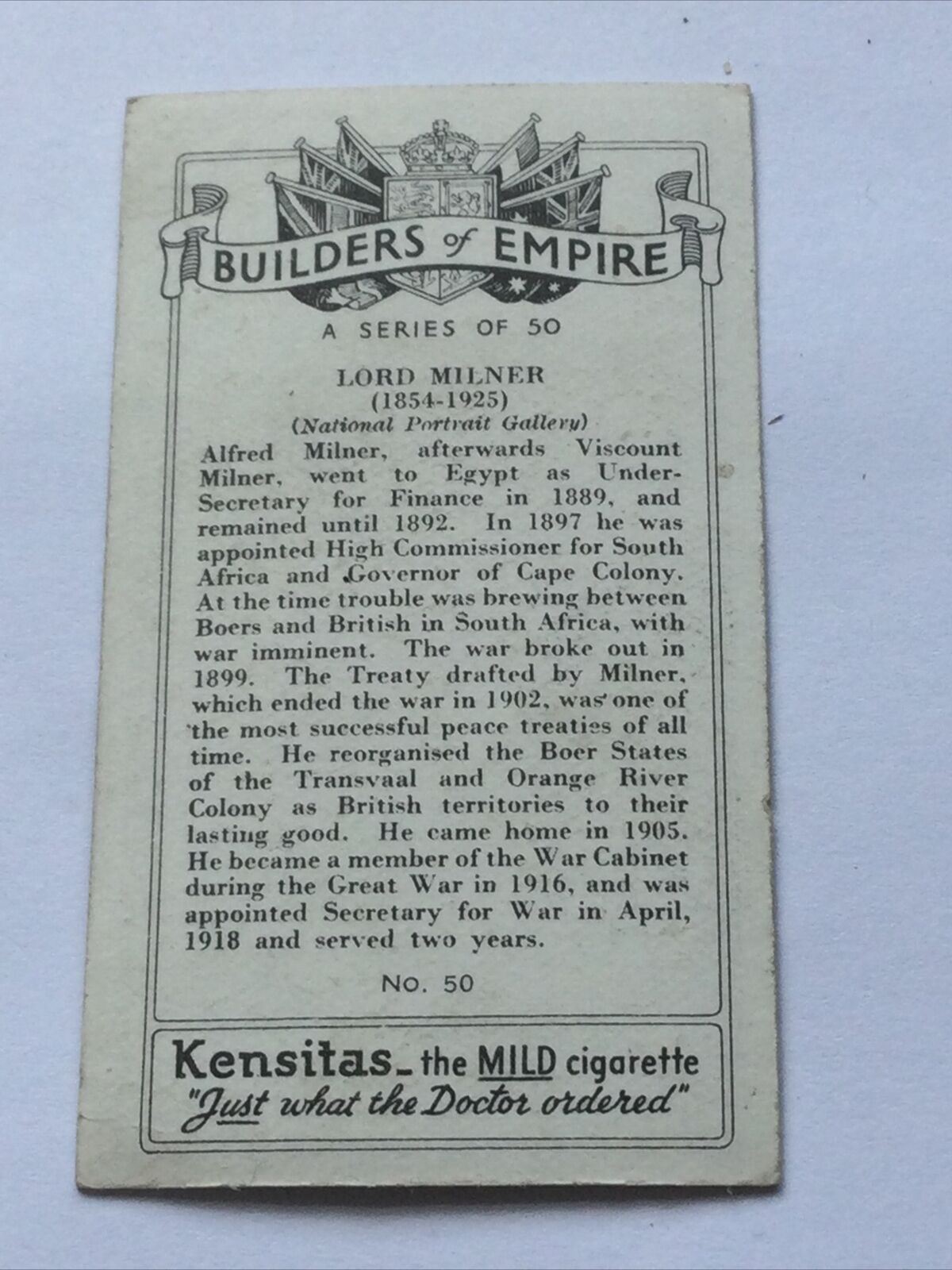 LORD MILNER Kensitas Cigarette Card Builders Of Empire #50 Secretary For War WWI