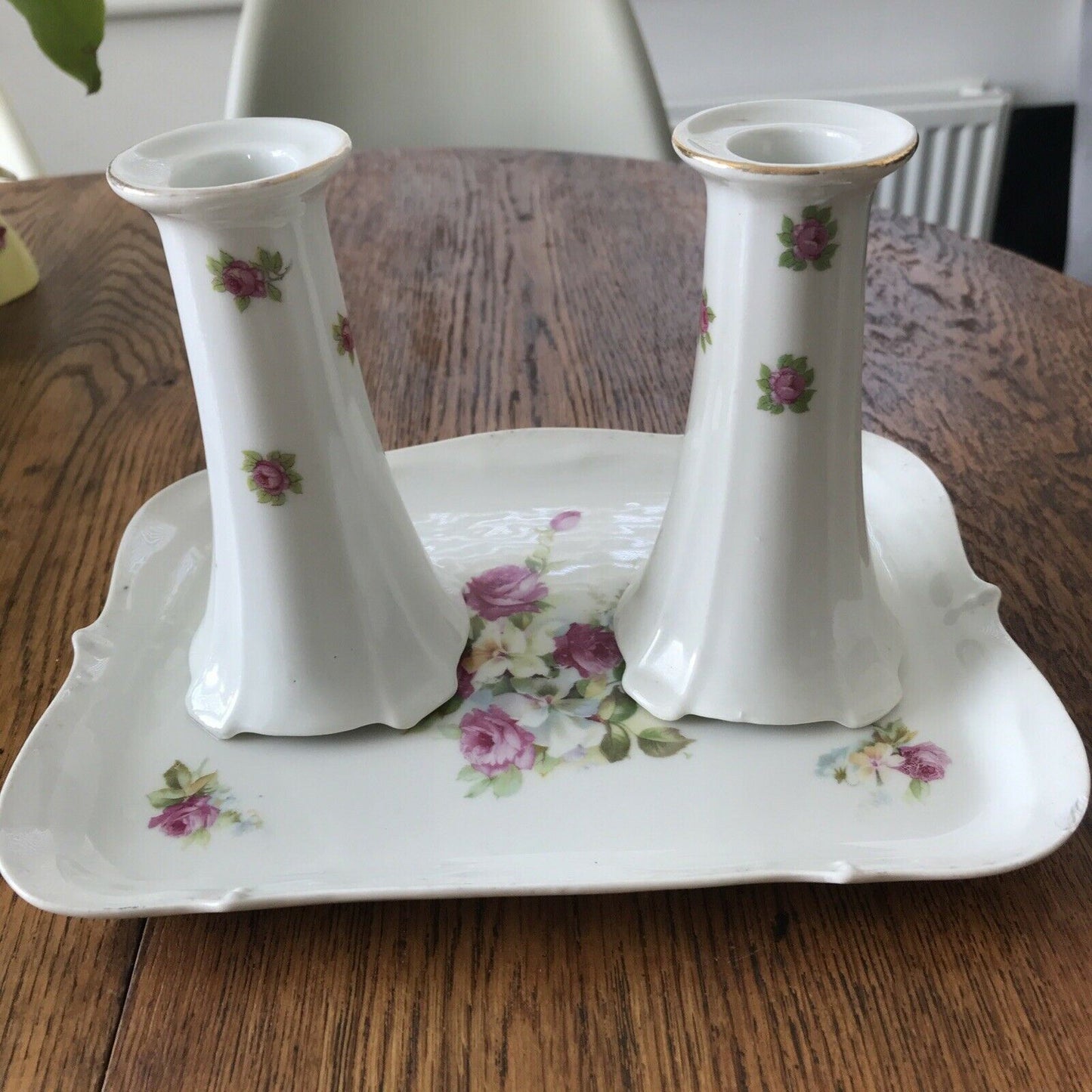 Pretty Vintage China Vanity Set. Floral Tray With Pair Of Candlesticks Roses