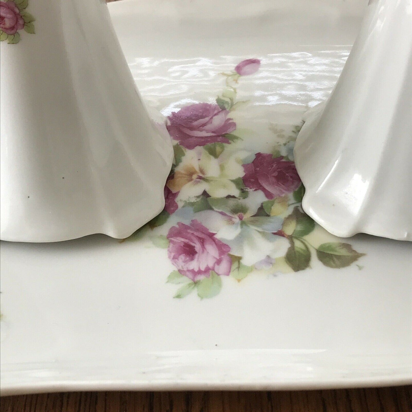 Pretty Vintage China Vanity Set. Floral Tray With Pair Of Candlesticks Roses