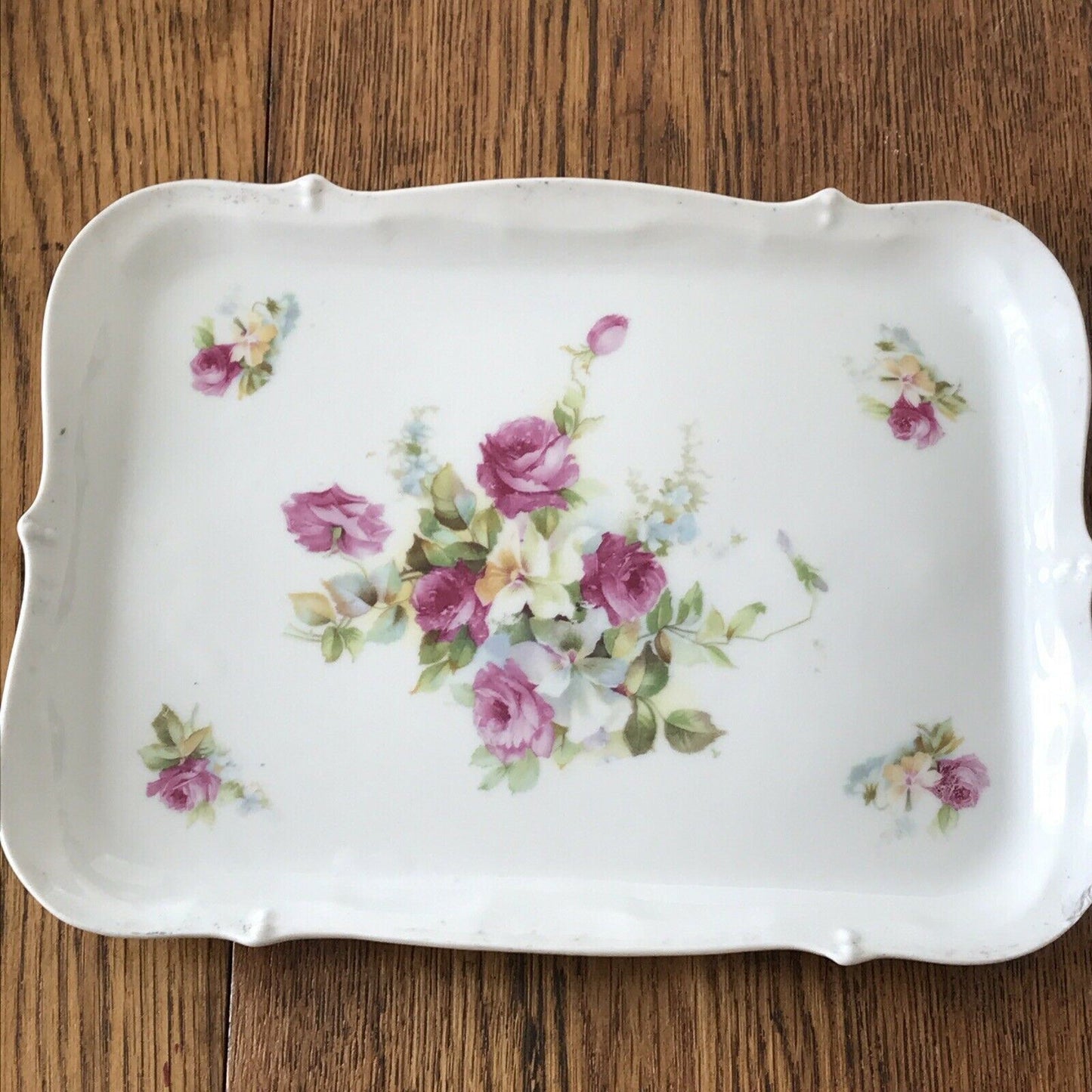 Pretty Vintage China Vanity Set. Floral Tray With Pair Of Candlesticks Roses