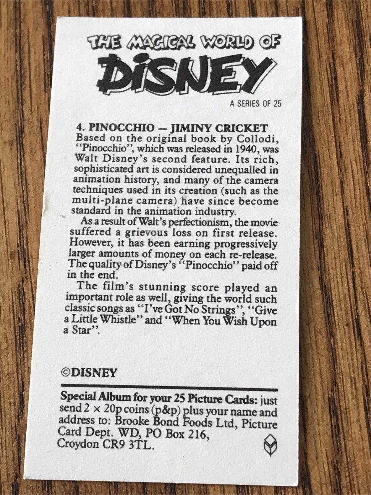 Vintage DISNEY Pinocchio Brooke Bond Tea Card JIMINY CRICKET #4 1989 Collectable