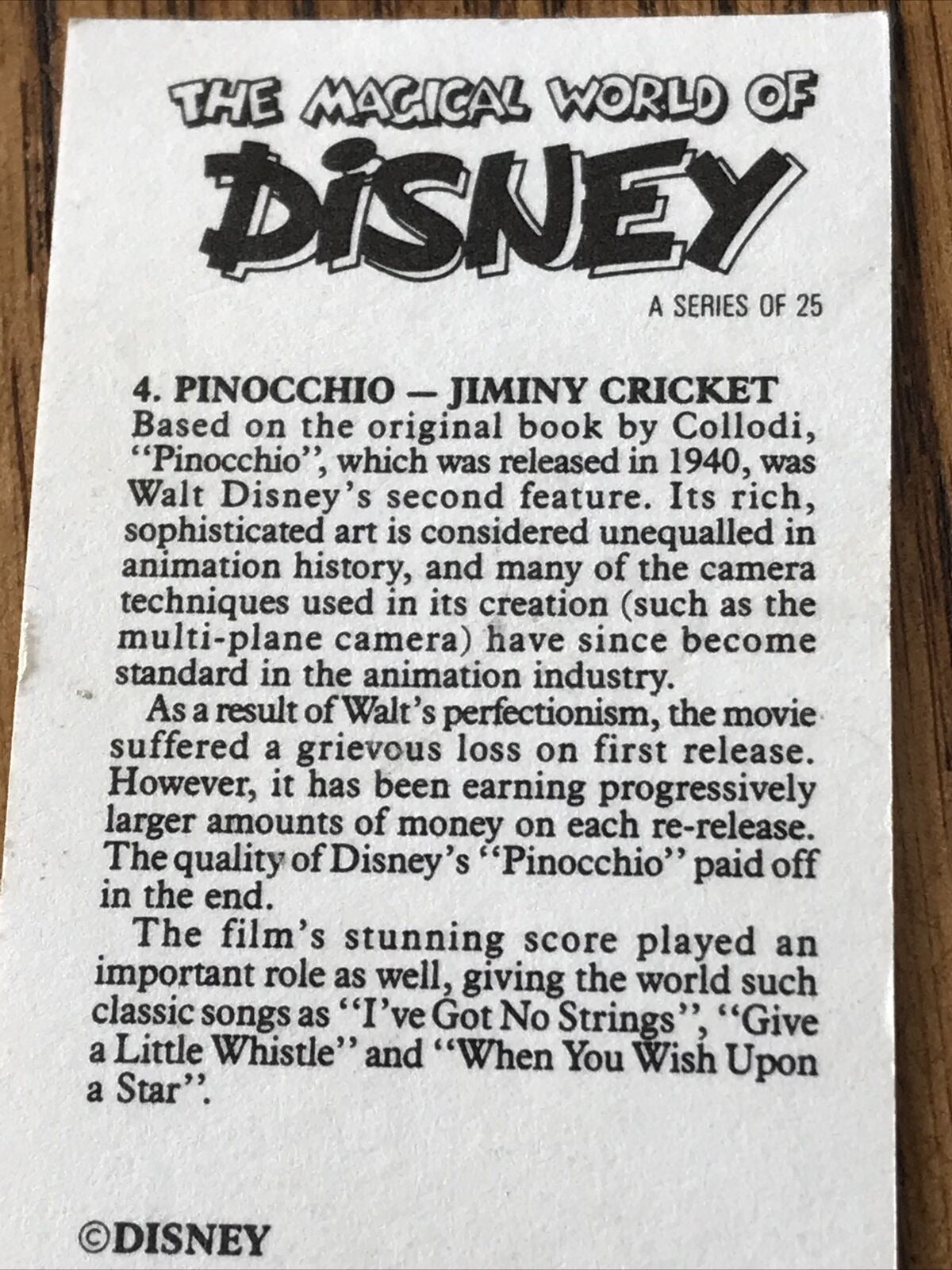 Vintage DISNEY Pinocchio Brooke Bond Tea Card JIMINY CRICKET #4 1989 Collectable