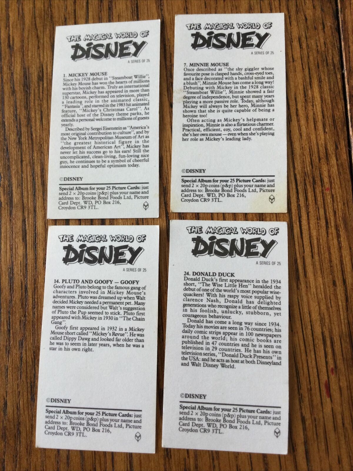 Vintage DISNEY Brooke Bond Cards x4 MICKEY MOUSE MINNIE MOUSE GOOFY DONALD DUCK