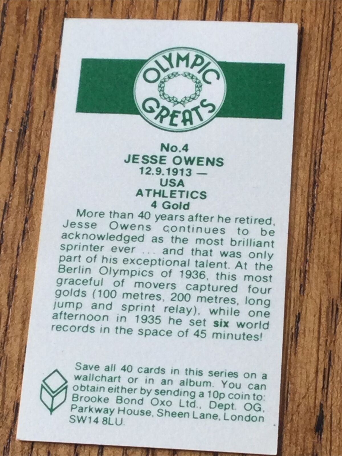 OLYMPICS JESSE OWENS Brooke Bond Tea Card Olympic Greats #4 1936 Berlin 100m