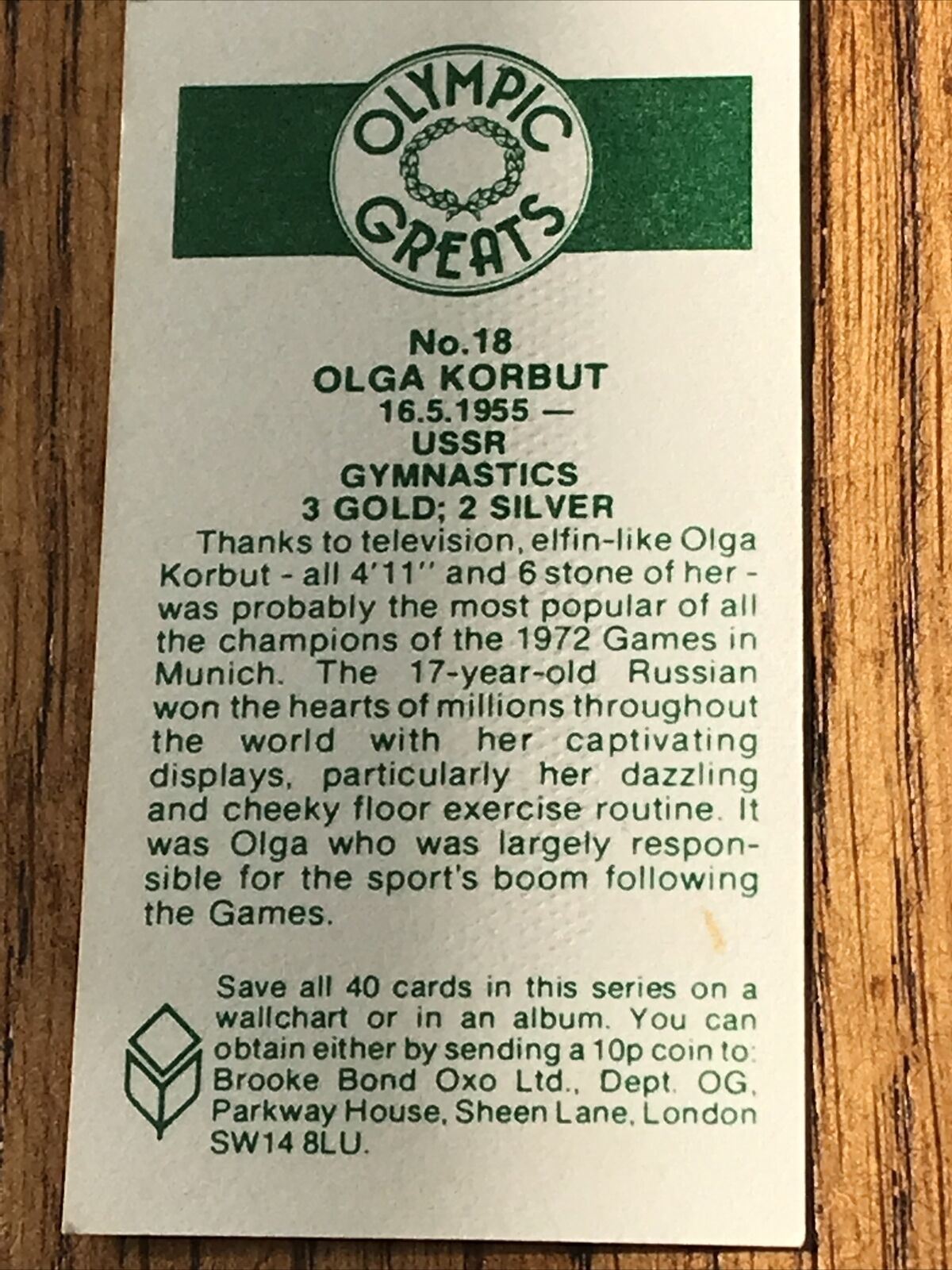 OLYMPICS OLGA CORBUT Brooke Bond Tea Card Olympic Greats #18 Gold Gymnast 1972