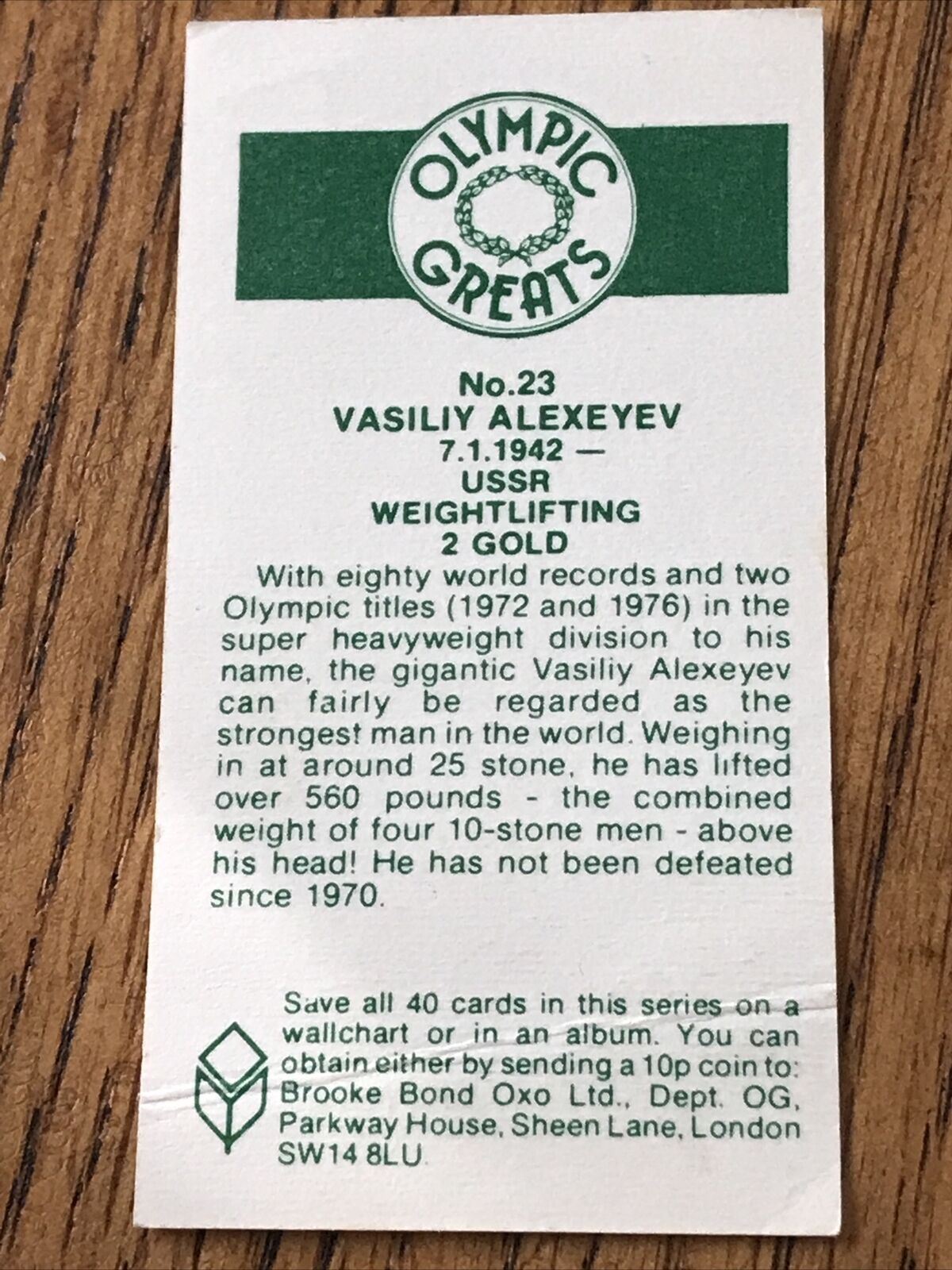 OLYMPICS VASILIY ALEXEYEV Brooke Bond Tea Card Olympic Greats #23 Weightlifting