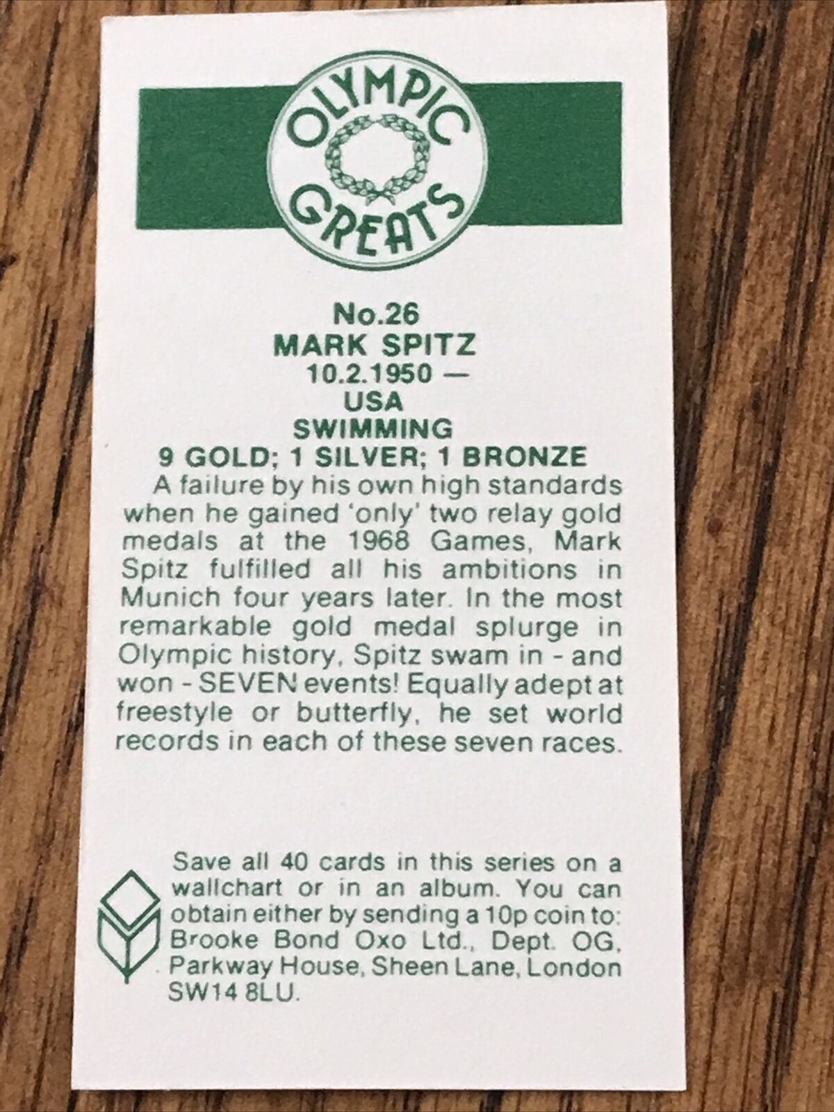 OLYMPICS MARK SPITZ Brooke Bond Tea Card Olympic Greats #26 SWIMMING USA Gold