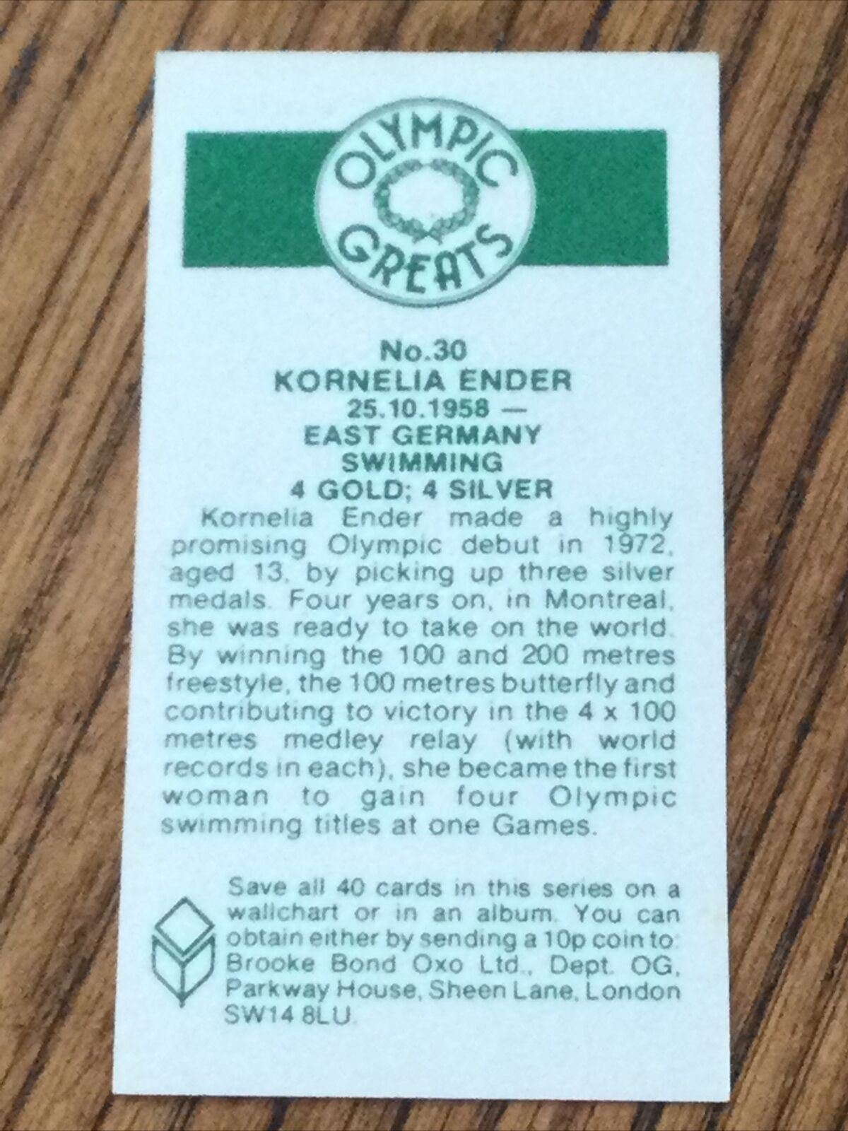 OLYMPICS KORNELIA ENDER Brooke Bond Tea Card Olympic Greats #30 SWIMMING