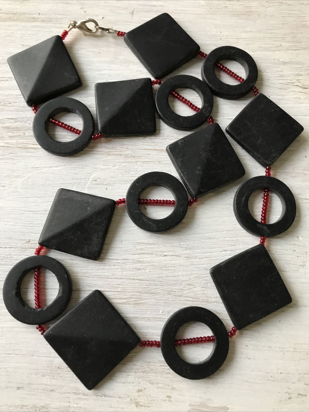 Statement Geometric Charcoal Grey Stone Necklace Red Accents. Unusual. Heavy