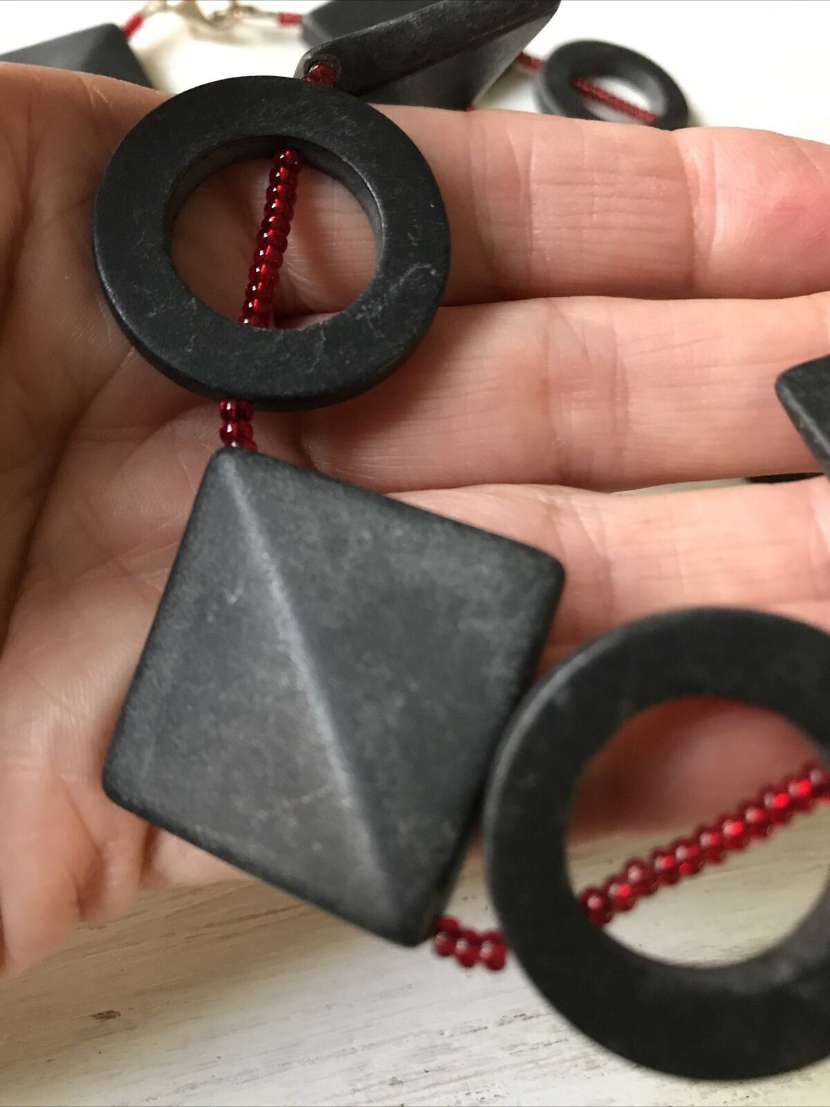 Statement Geometric Charcoal Grey Stone Necklace Red Accents. Unusual. Heavy