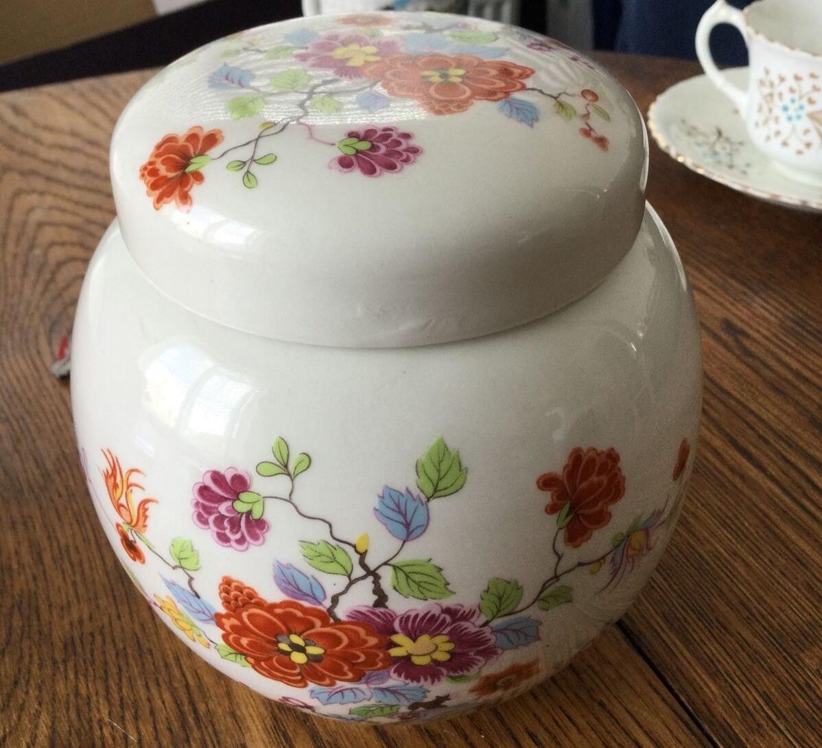 Vintage Sadler Ginger Jar Lidded Pot. Floral Bright Multicoloured Orange Purple