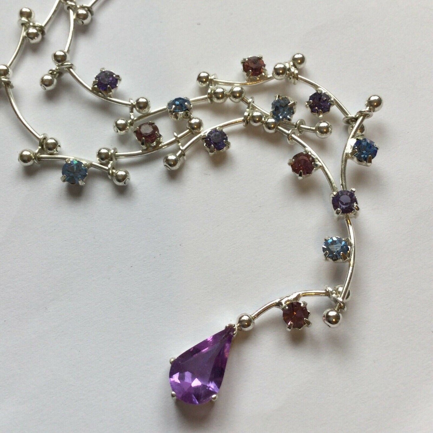 Beautiful Coloured Diamante Necklace, Silver Tone With Purple Blue Drop Crystal