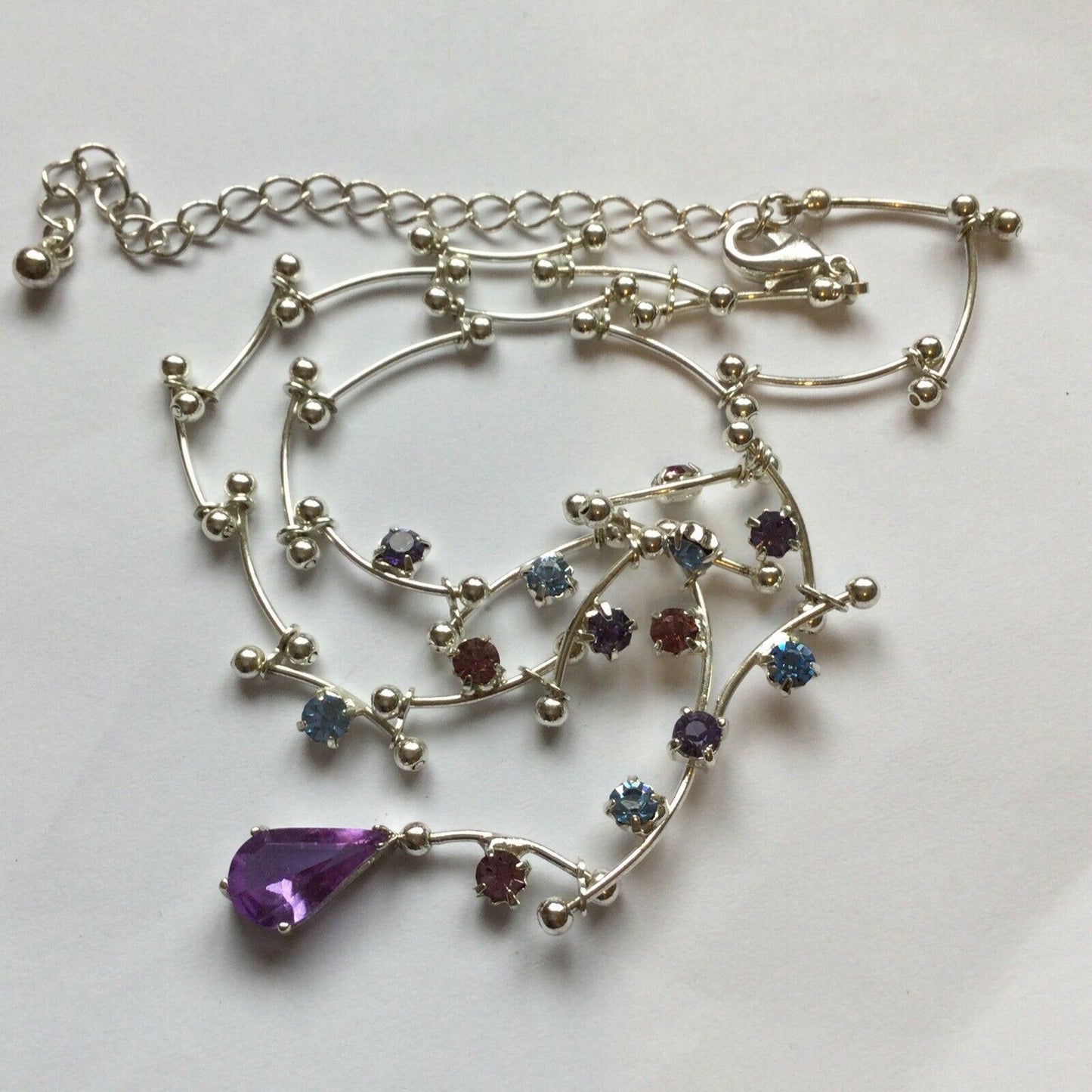 Beautiful Coloured Diamante Necklace, Silver Tone With Purple Blue Drop Crystal