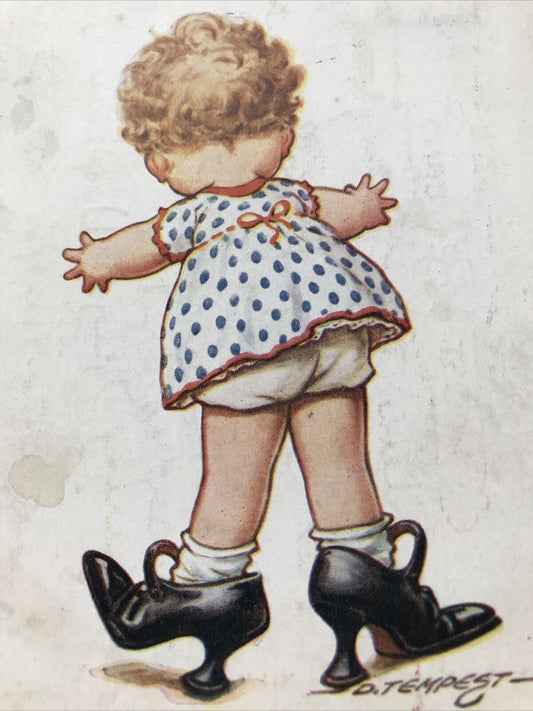 Cute Child Drawing VINTAGE POSTCARD Funny Wearing Mum’s Shoes 1920s Sent 1926