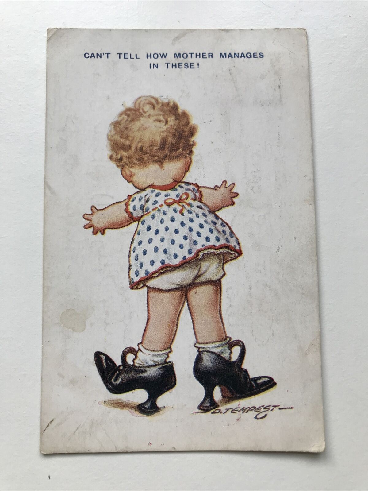 Cute Child Drawing VINTAGE POSTCARD Funny Wearing Mum’s Shoes 1920s Sent 1926