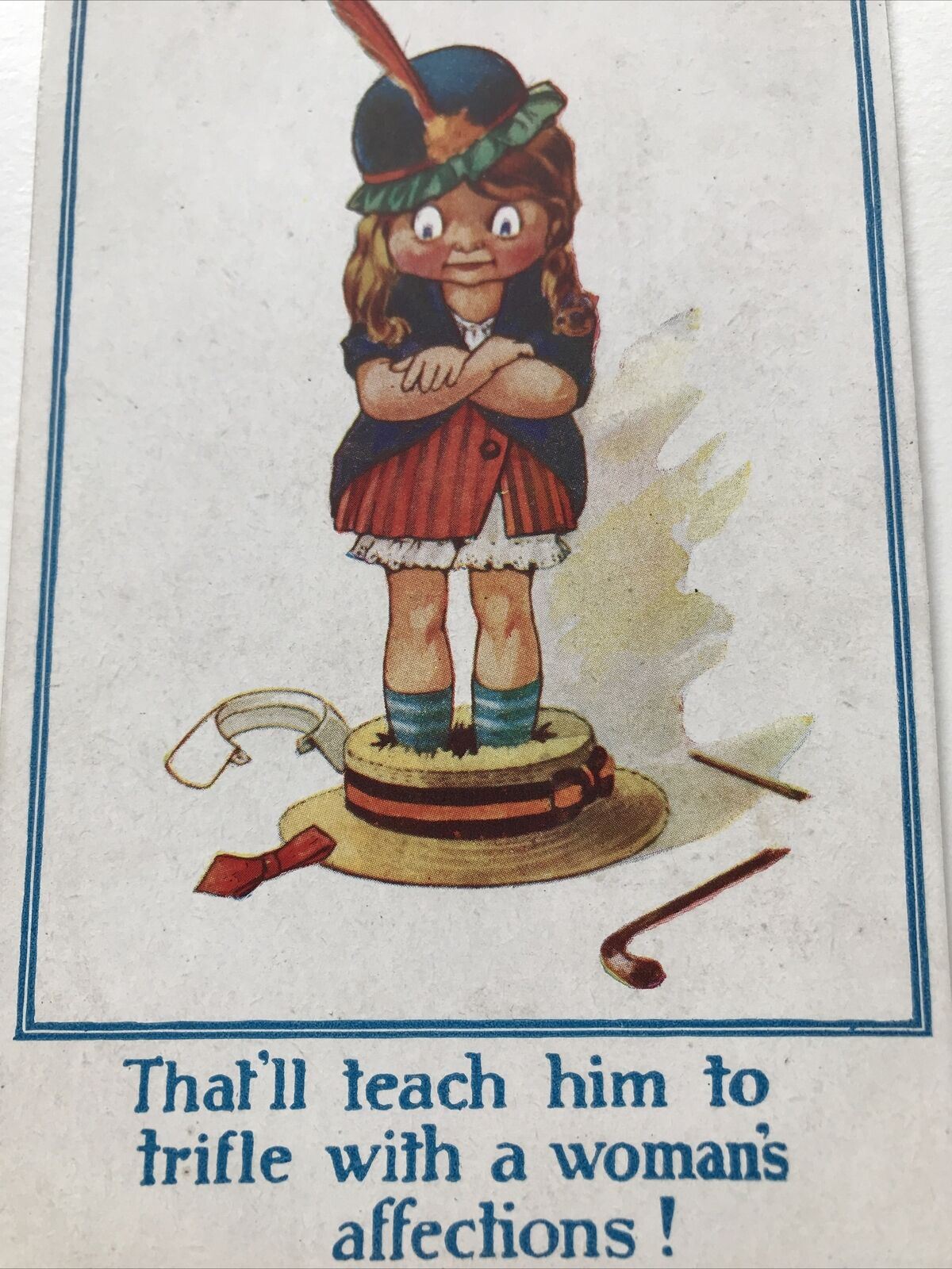 Vintage Postcard Post WWI Funny Humorous ‘That’ll Teach Him’ Girl Squashing Hat