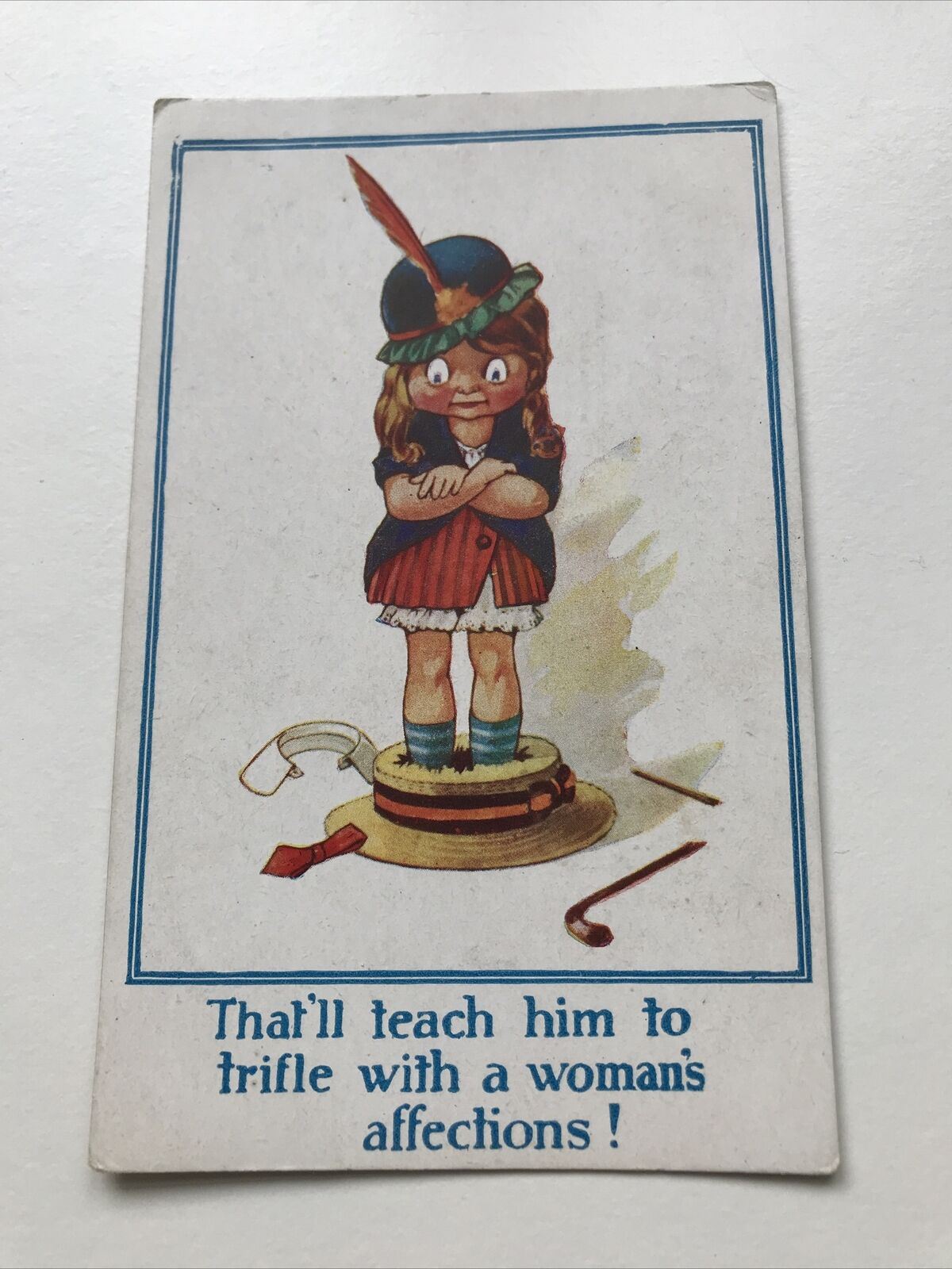 Vintage Postcard Post WWI Funny Humorous ‘That’ll Teach Him’ Girl Squashing Hat