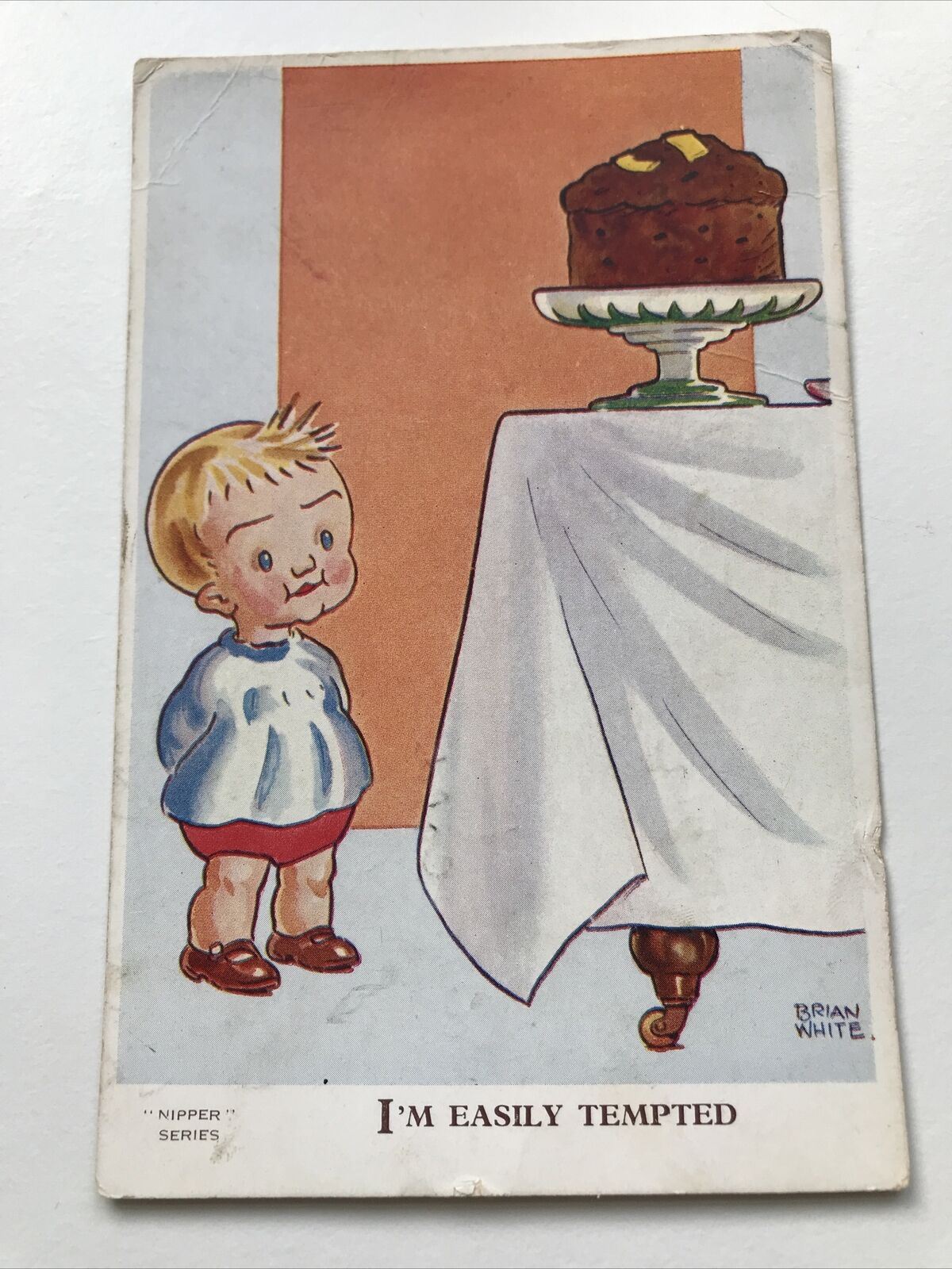 Vintage 1930s Postcard Funny Drawing ‘Nipper’ Series Boy And Cake Easily Tempted