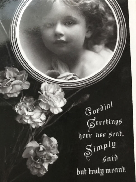 Antique Greetings Postcard RP Sweet Girl With Flowers ‘Cordial Greetings’ 1908