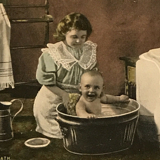 Antique Postcard Daughter Bathing Baby In Tub Babys Morning Bath 1902-10 Tinted