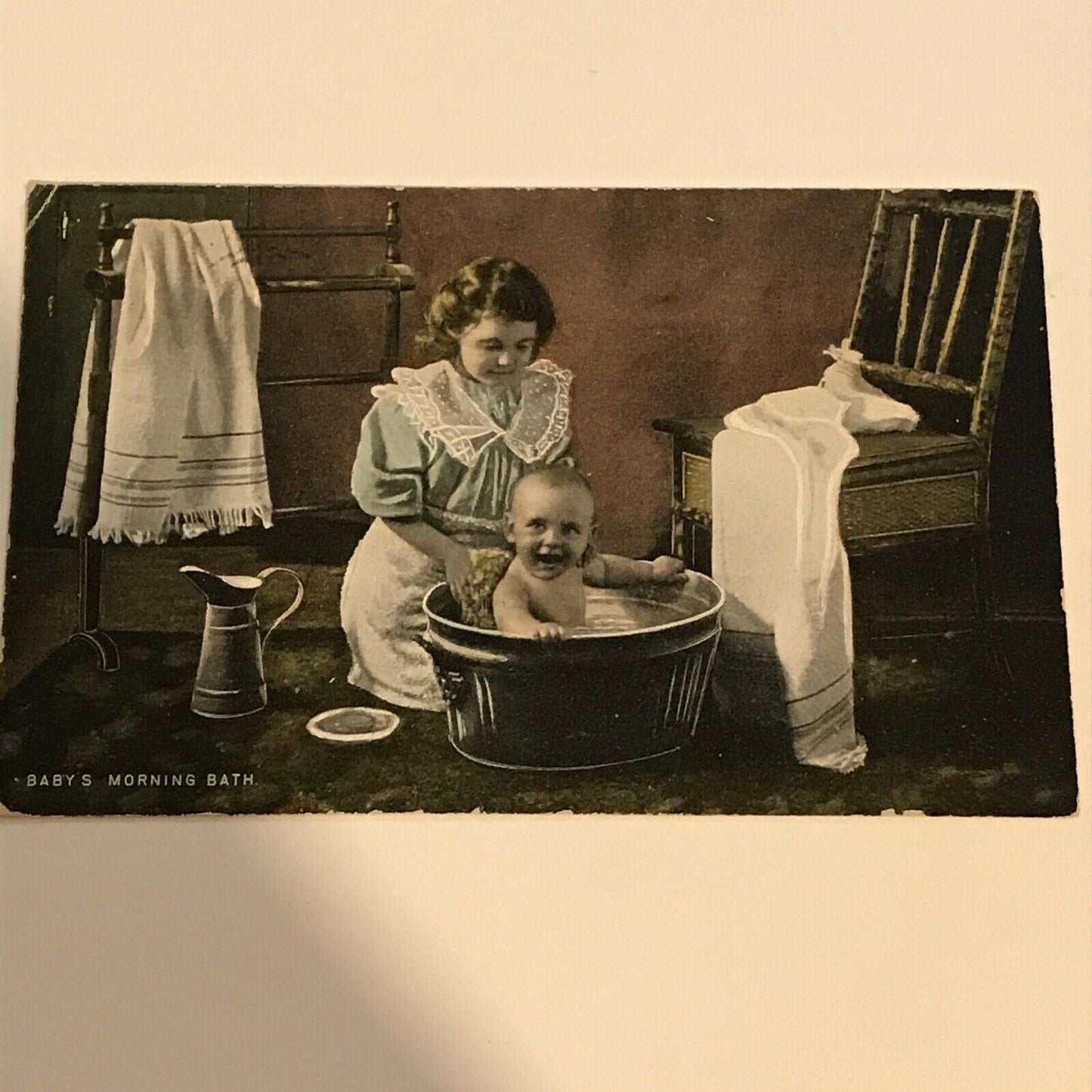 Antique Postcard Daughter Bathing Baby In Tub Babys Morning Bath 1902-10 Tinted