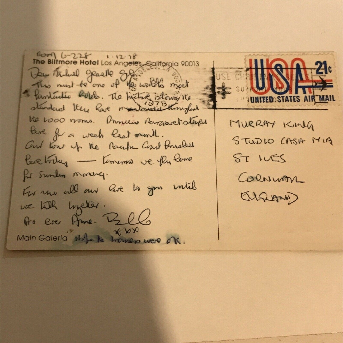 Vintage Postcard 1978 To Murray King From USA Biltmore Hotel Los Angeles