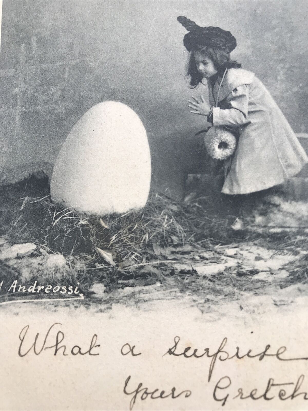 Antique Pre 1905 French Greetings Postcard Message On Front Girl And Huge Egg!