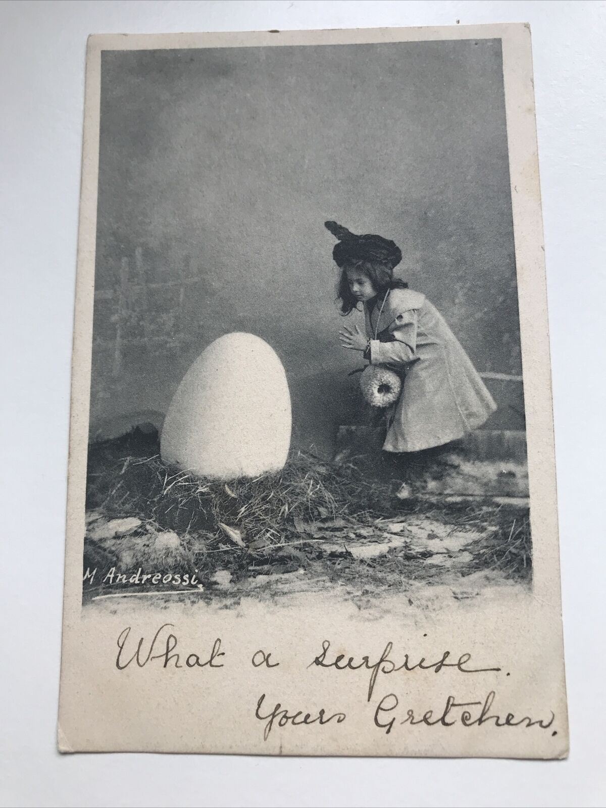 Antique Pre 1905 French Greetings Postcard Message On Front Girl And Huge Egg!