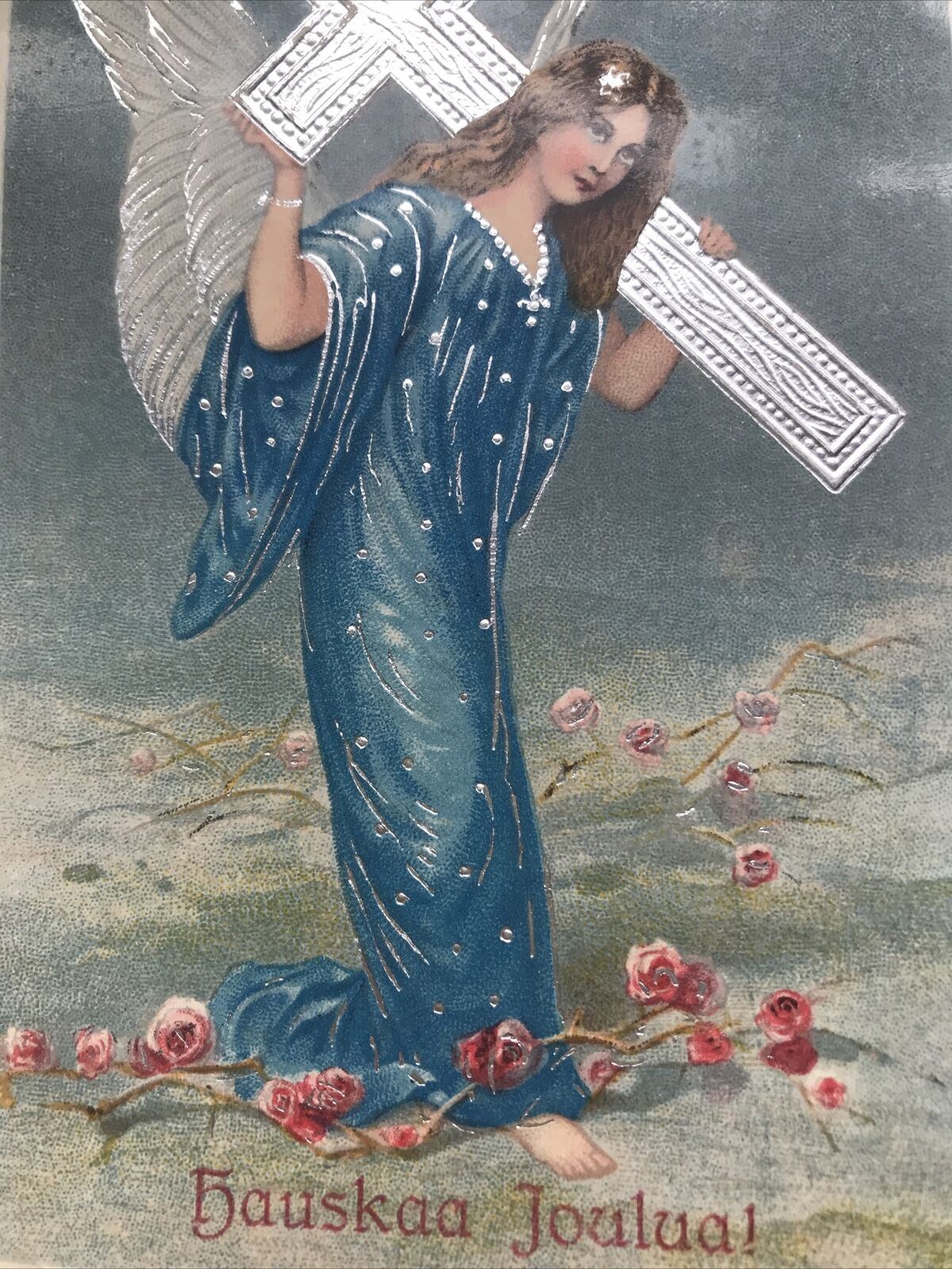 Vintage CHRISTMAS postcard FINNISH FINLAND HAUSKAA JOULUA Angel Carrying Cross