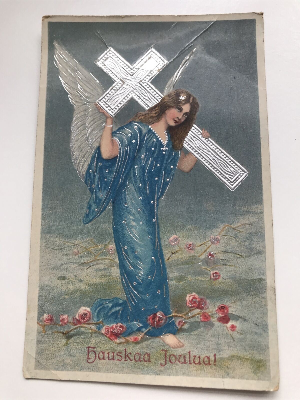 Vintage CHRISTMAS postcard FINNISH FINLAND HAUSKAA JOULUA Angel Carrying Cross