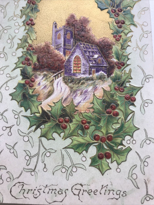 Vintage Embossed Christmas Postcard. Church In Snow. Holly & Mistletoe. Retro