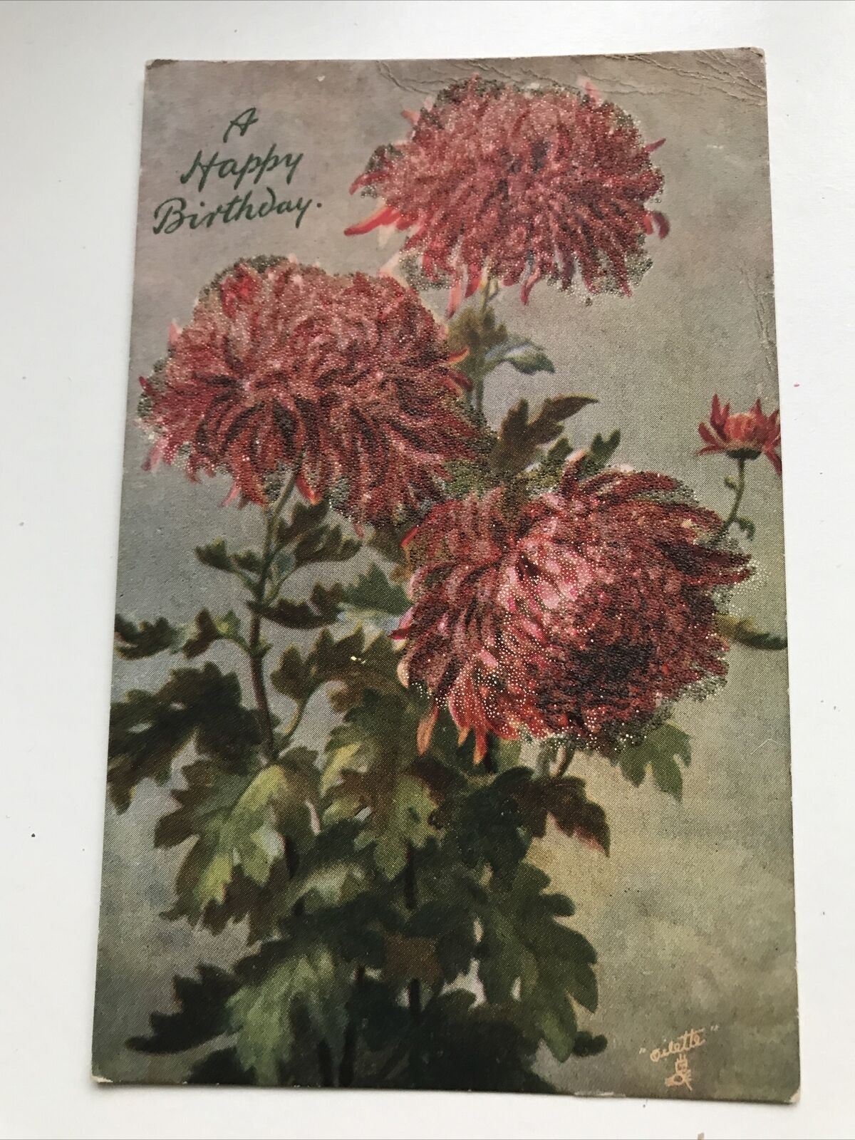 Antique Birthday Greetings Postcard 1907 Sparkly Textured Flowers TUCKS OILETTE