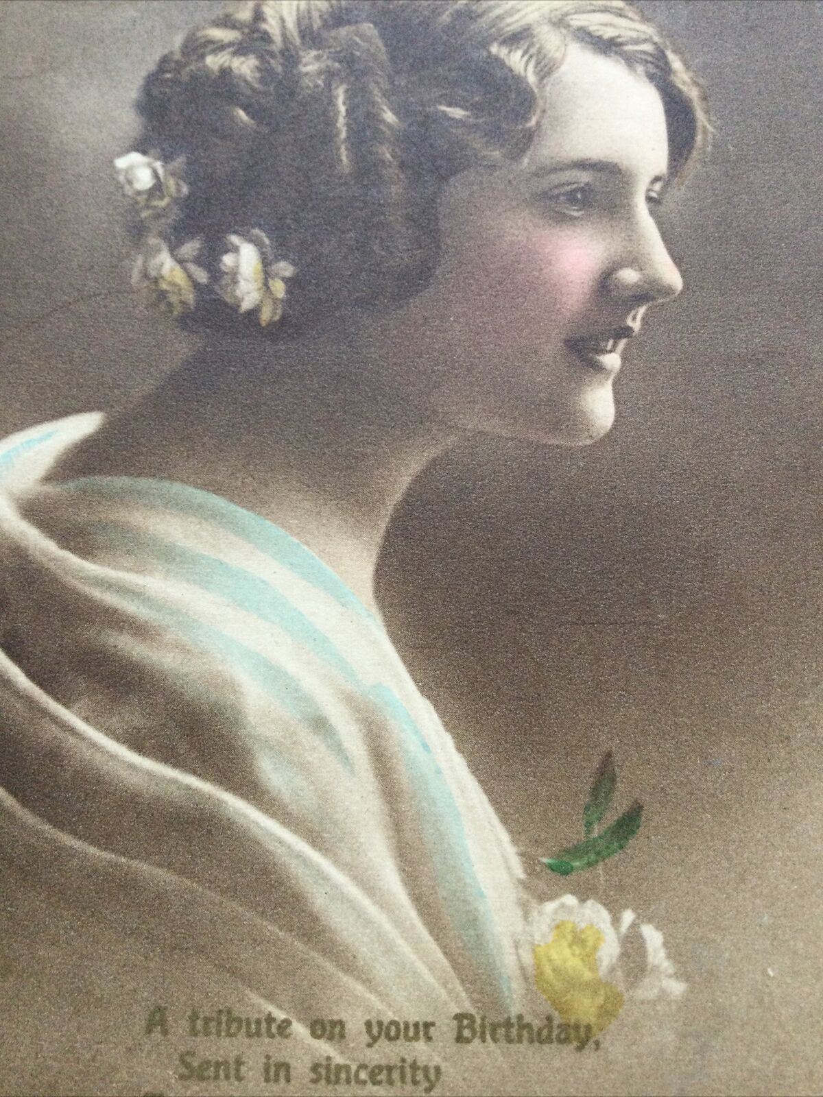 Antique Birthday Greetings Postcard Beautiful Woman Sepia Tinted Nice Poem