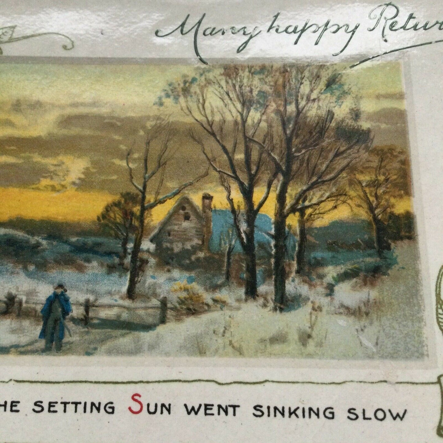 Antique Birthday Greetings Postcard Scenic Sunset With Snow Countryside WILOT