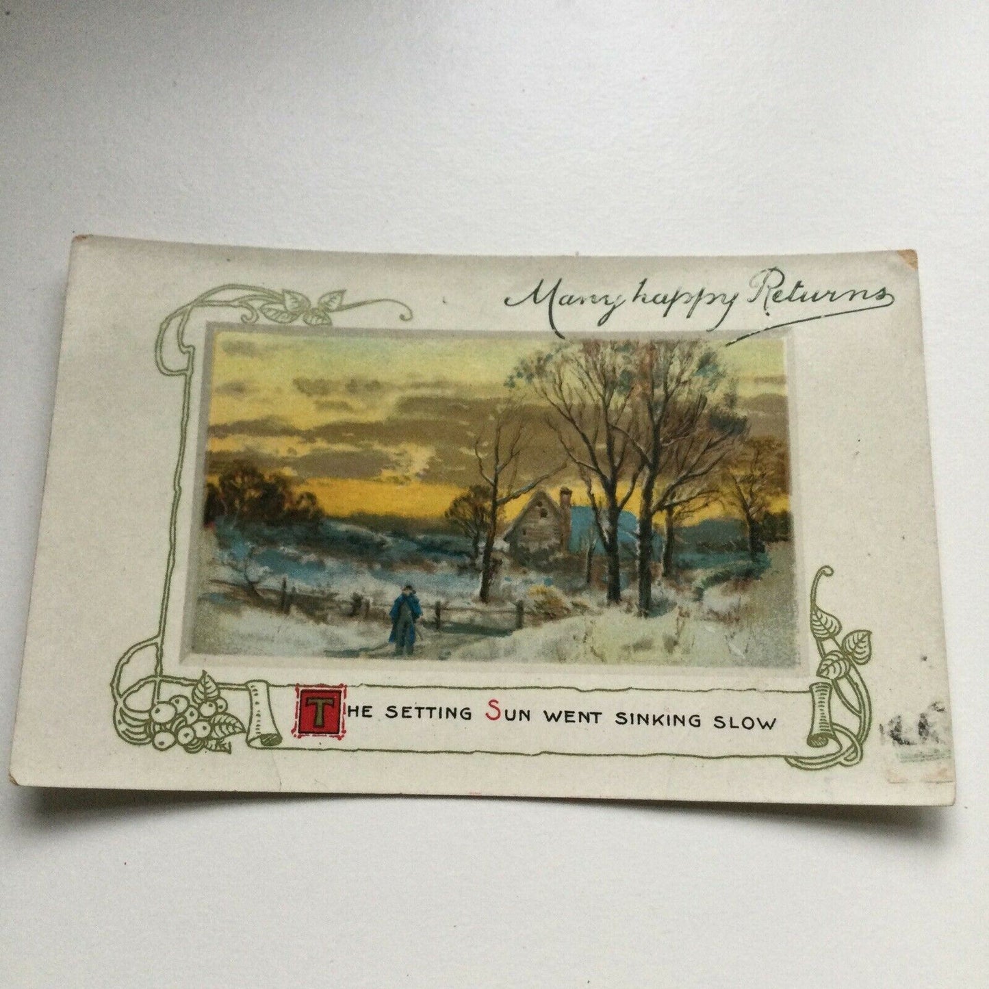 Antique Birthday Greetings Postcard Scenic Sunset With Snow Countryside WILOT