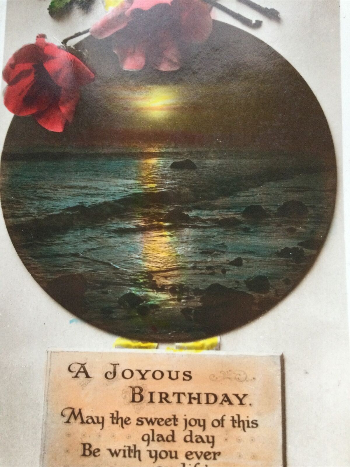 Vintage Birthday Greetings Postcard Scenic Seascape Sunset Dusk Anemones Poem