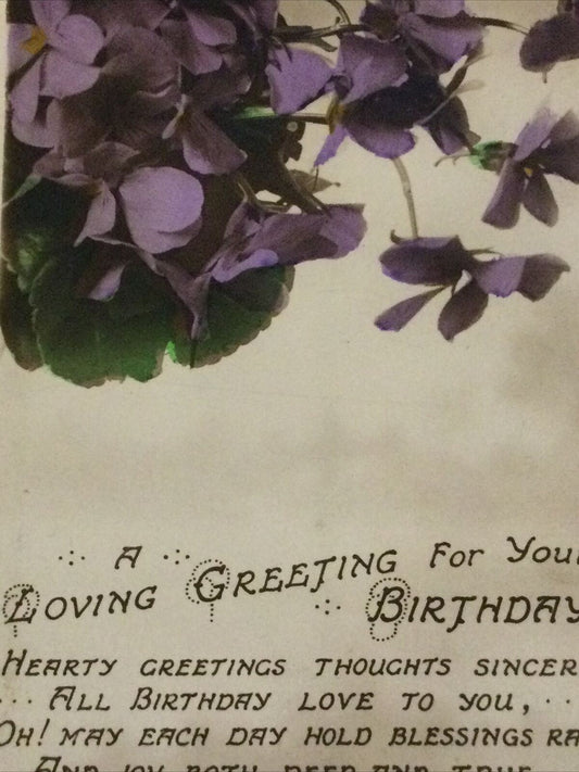 Vintage Birthday Greetings Postcard Violets Lilac Flowers Nice Poem Hand Tinted