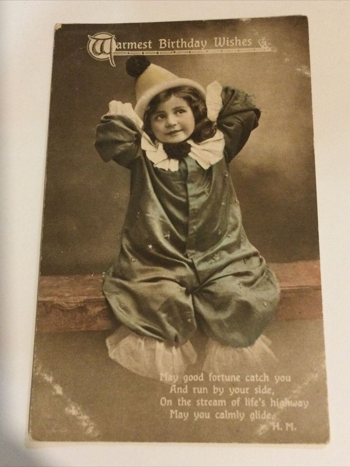 Antique Birthday Greetings Postcard Girl In Pierrot Clown Costume Outfit Tinted