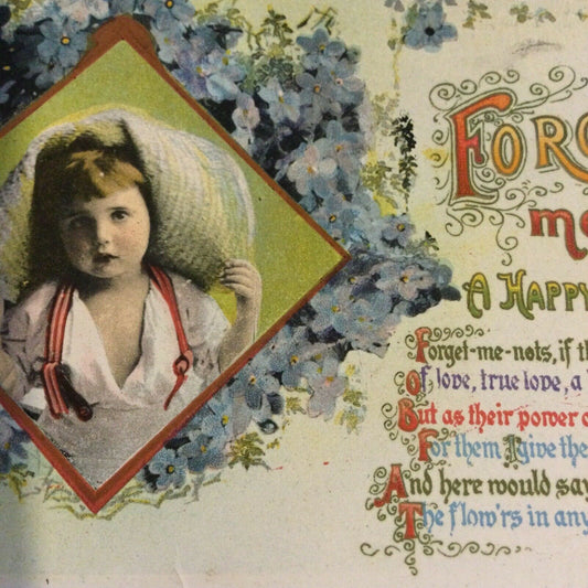 Antique 1914 Birthday Greetings Postcard. Cute Boy Poem About Forget-me-nots