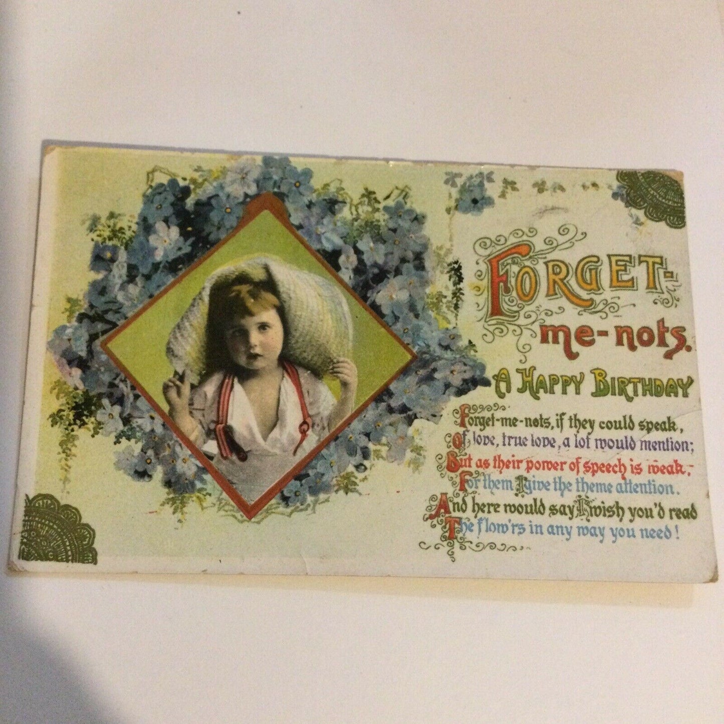 Antique 1914 Birthday Greetings Postcard. Cute Boy Poem About Forget-me-nots