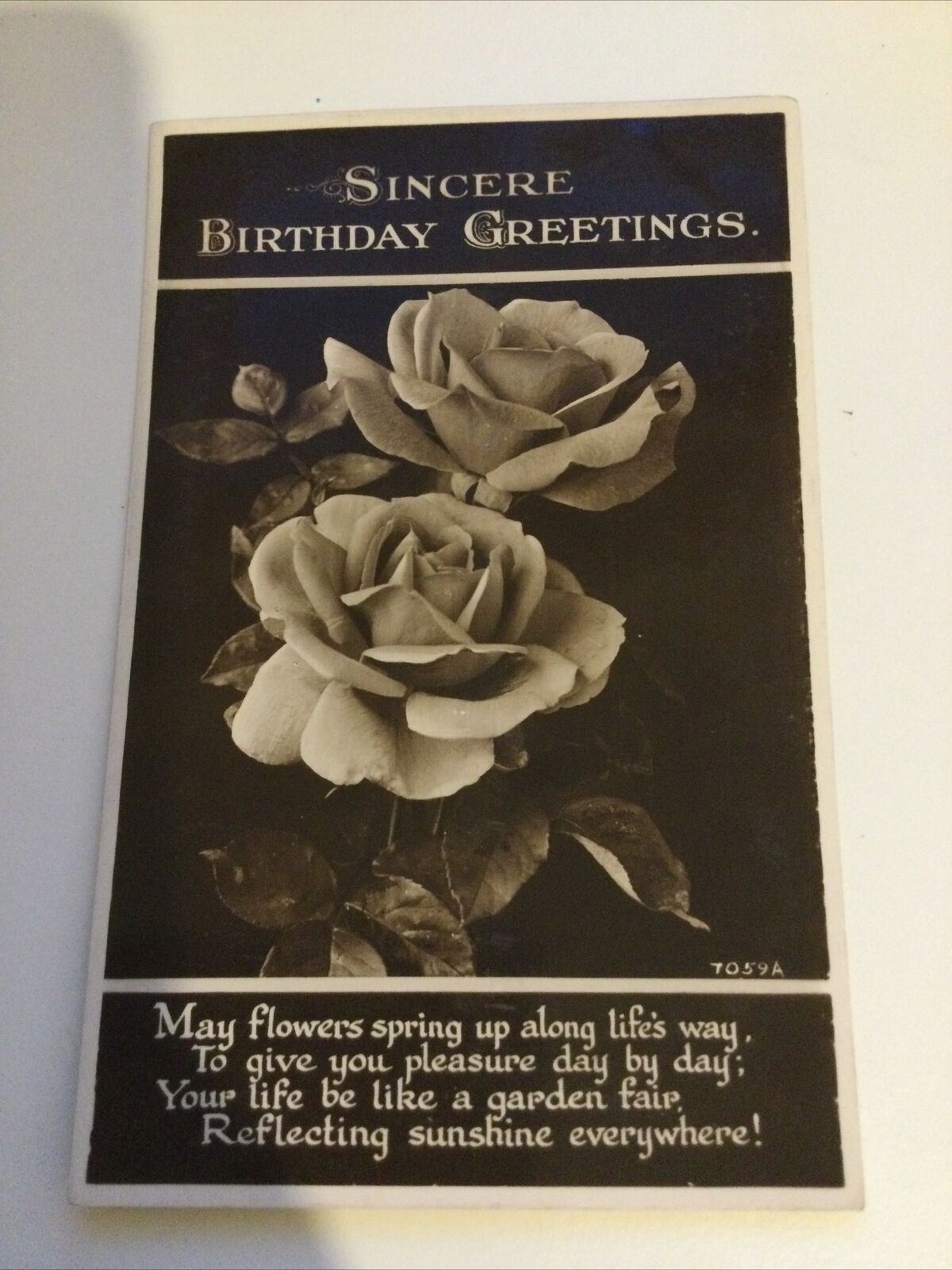 Vintage Birthday Greetings Postcard Beautiful Rose Photo 1934 1930s Black & Whit