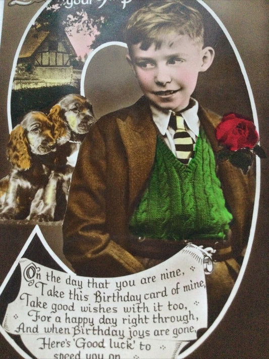 Vintage 9th BIRTHDAY GREETINGS POSTCARD Boy In School Uniform Spaniels Dogs 1937