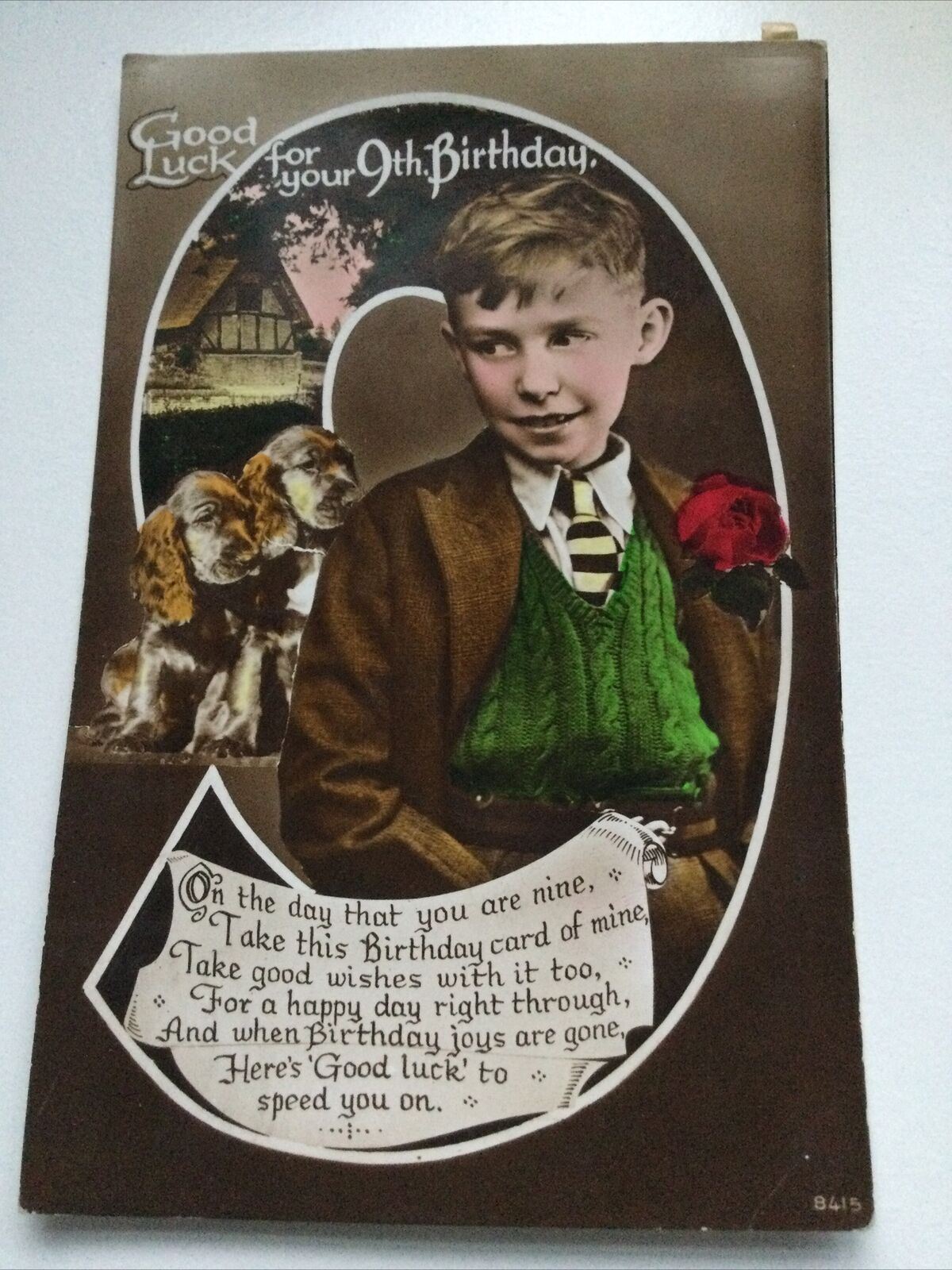 Vintage 9th BIRTHDAY GREETINGS POSTCARD Boy In School Uniform Spaniels Dogs 1937