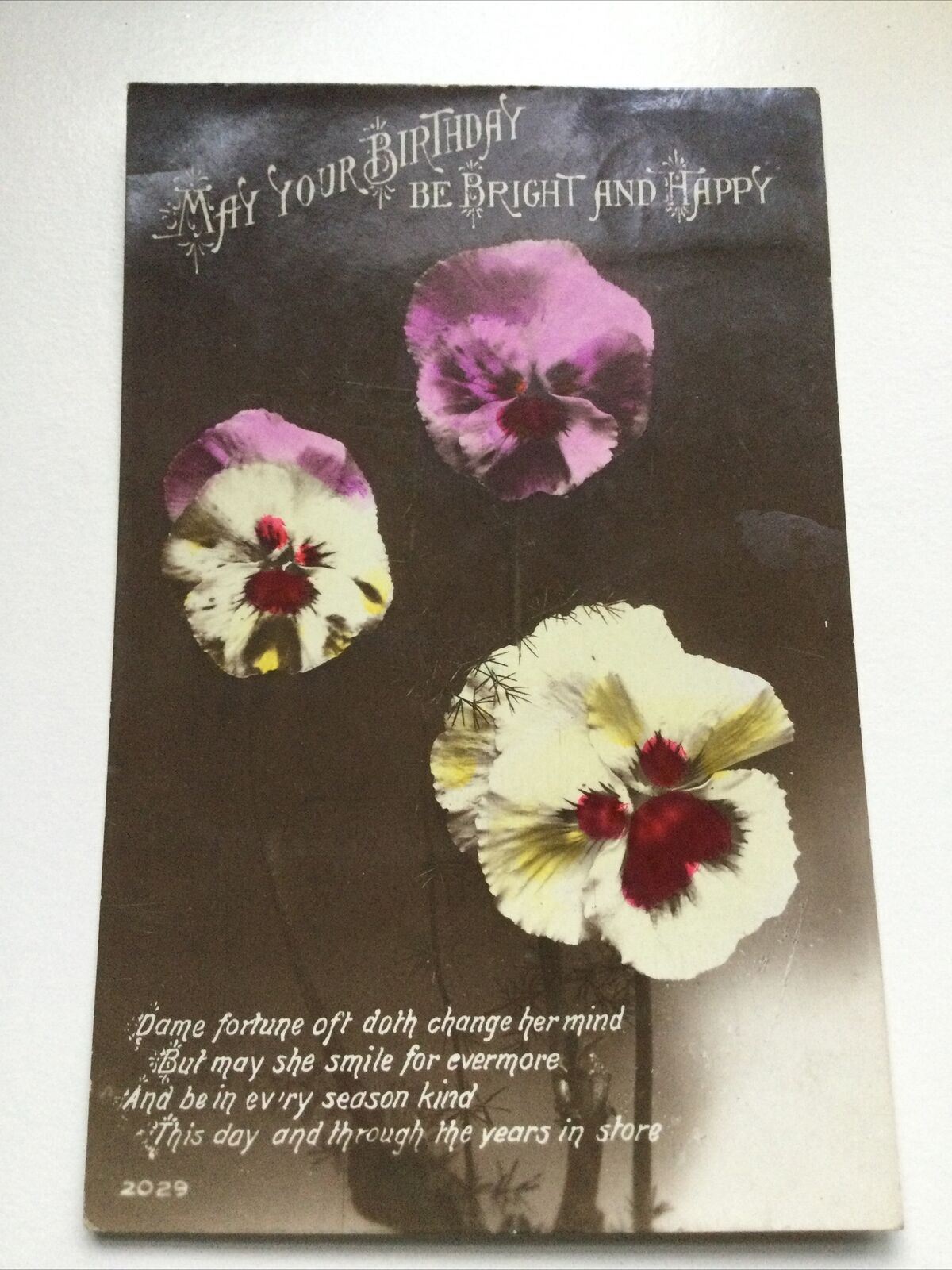 Vintage Birthday Greetings Postcard Pansies Flowers Poem Hand Tinted 1921 Regent