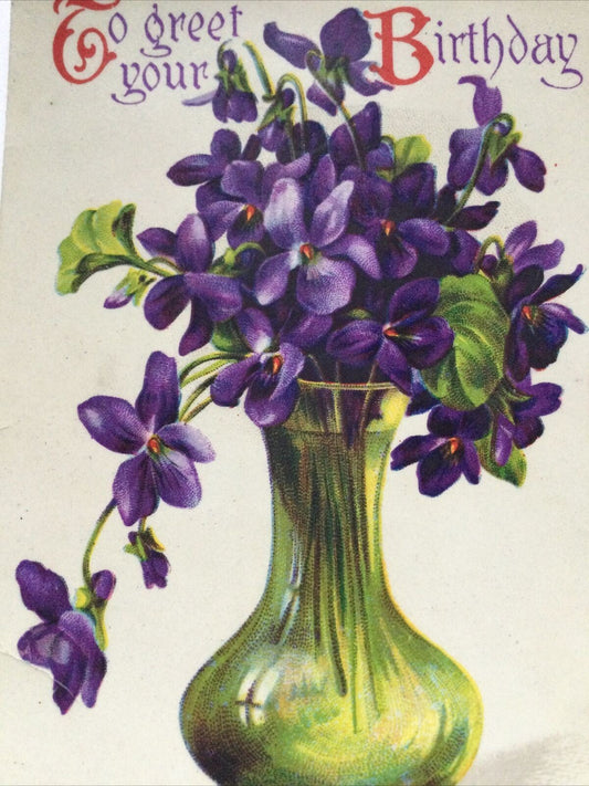 Vintage Birthday Greetings Postcard Floral Purple Violets Bright Cheery 1929