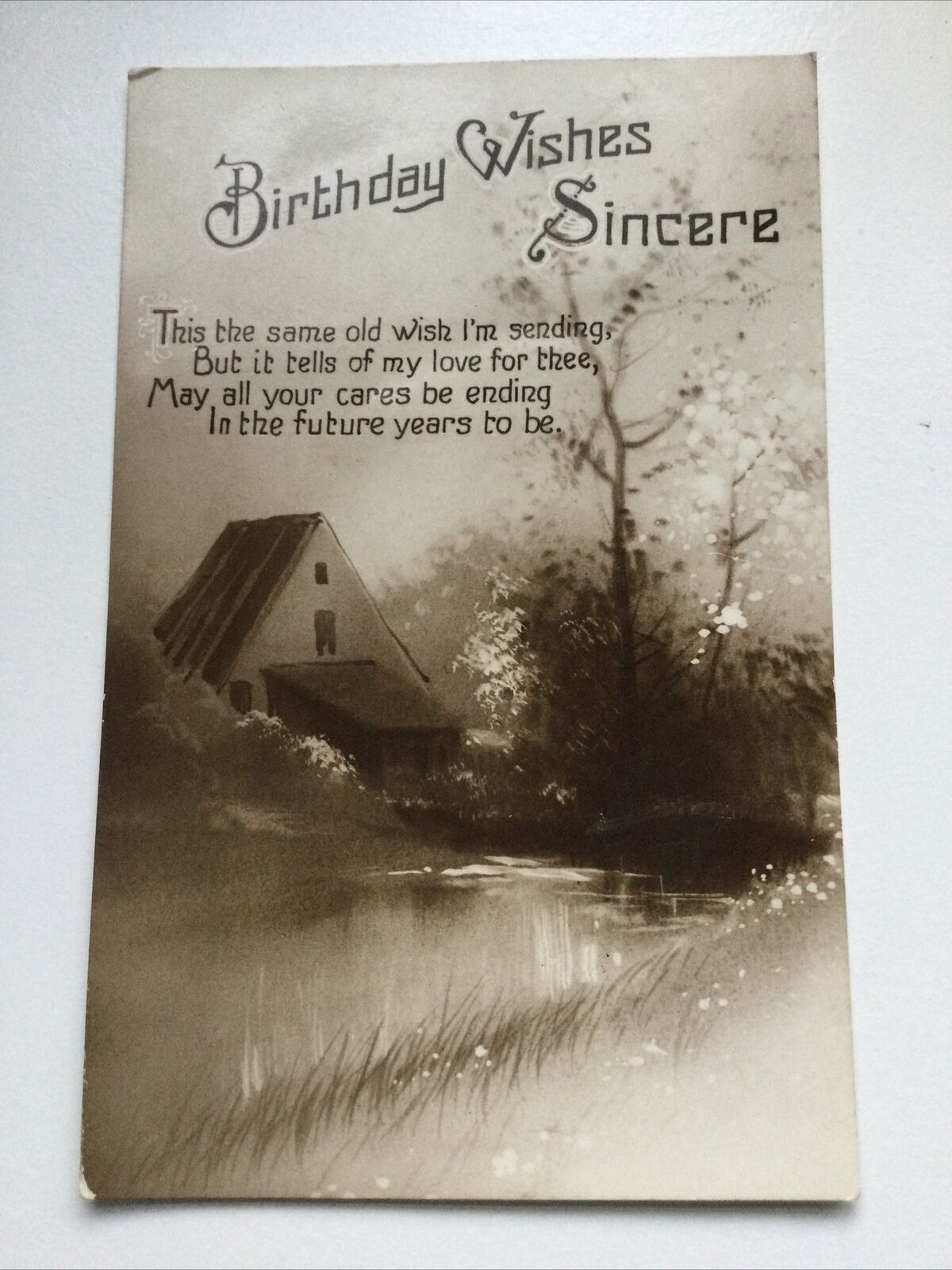 Vintage Birthday Greetings Postcard Scenic River & Cottage Sepia Nice Poem 1928