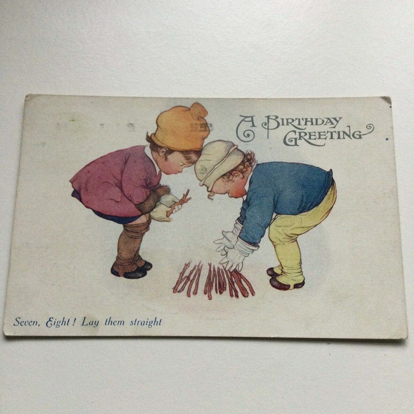 Vintage Birthday Greetings Postcard Cute Picture 1923 Seven Eight Lay Them Strai