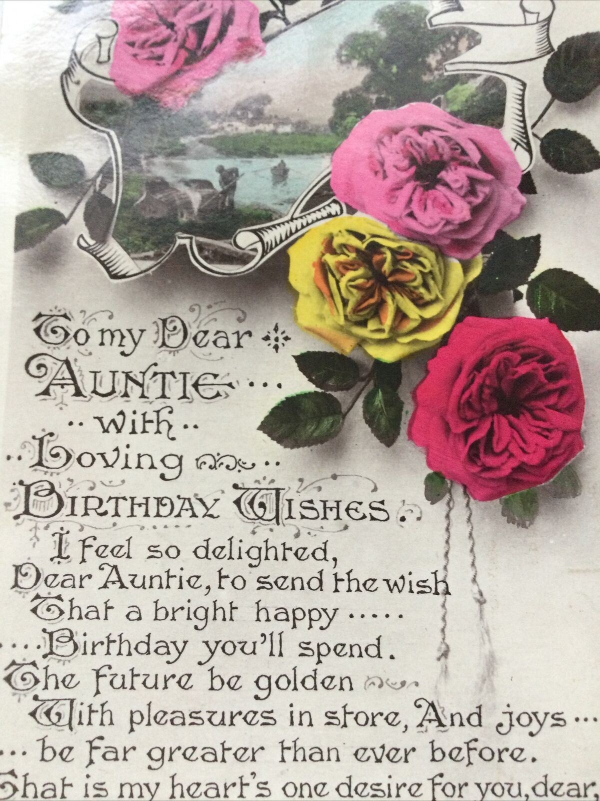 Vintage Birthday Greetings Postcard DEAR AUNTIE AUNTY Hand Tinted Roses Lovely